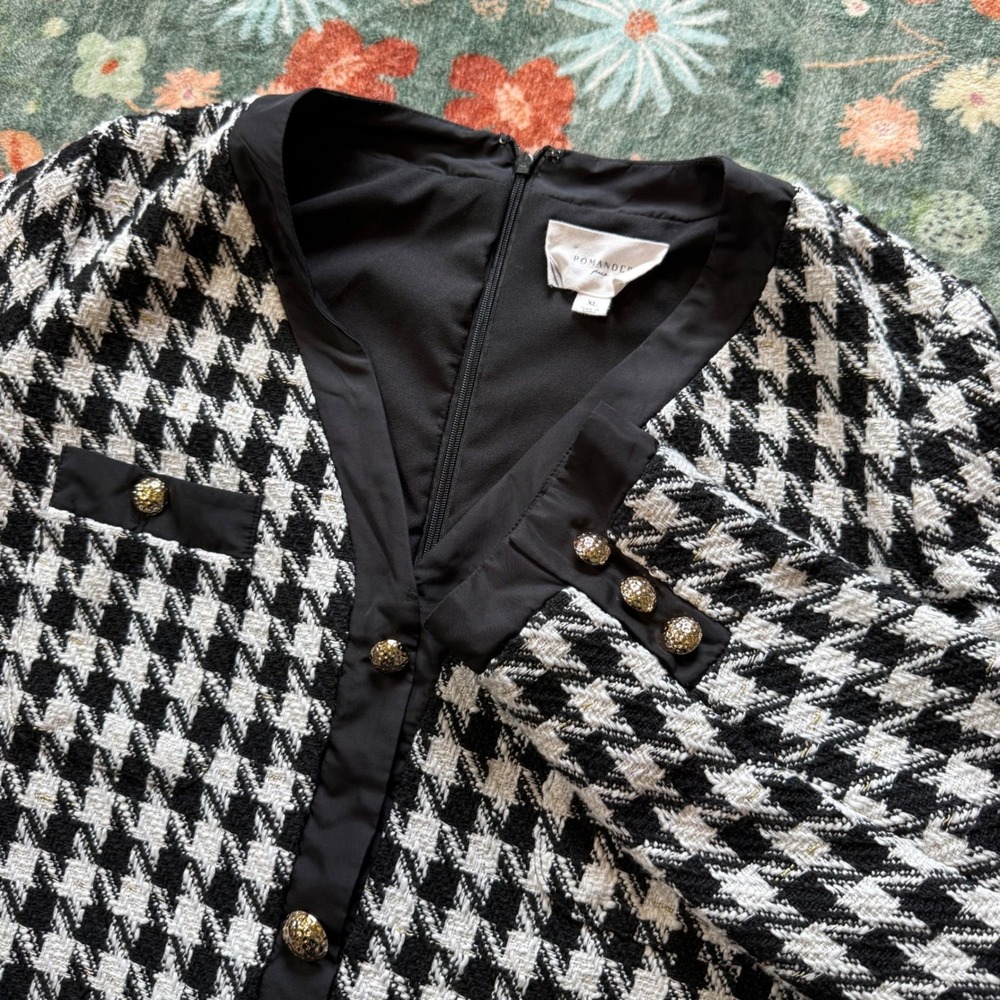 Pomander Place Houndstooth Tweed Mini Dress Black White Gold Buttonβ XL Y22672T